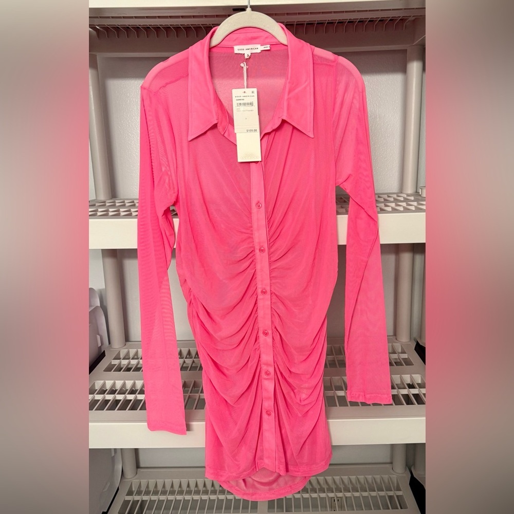 NWT Good American Ruched Long Sleeve‎ Minidress / Coverup Knockout Pink Sz 3 (L) - Picture 2 of 9